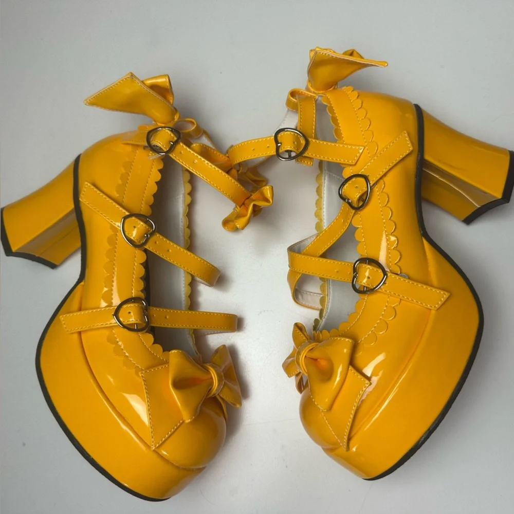Antaina Yellow Coquette Lolita Bows Strappy Chunky HeelPlatform Shoe NWOT 7.5-8? - Picture 6 of 16